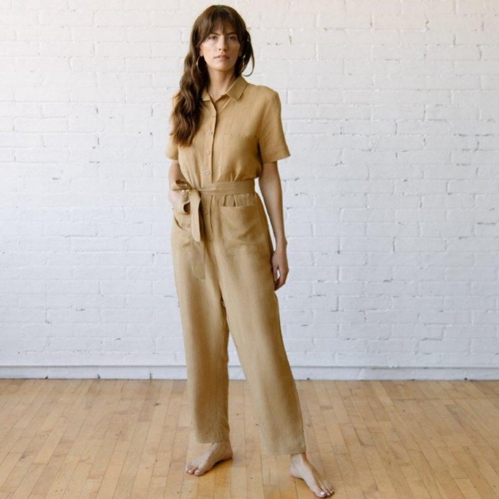 Tradlands Finn Linen Jumpsuit Short Sleeve Belted Coverall in Sand Large